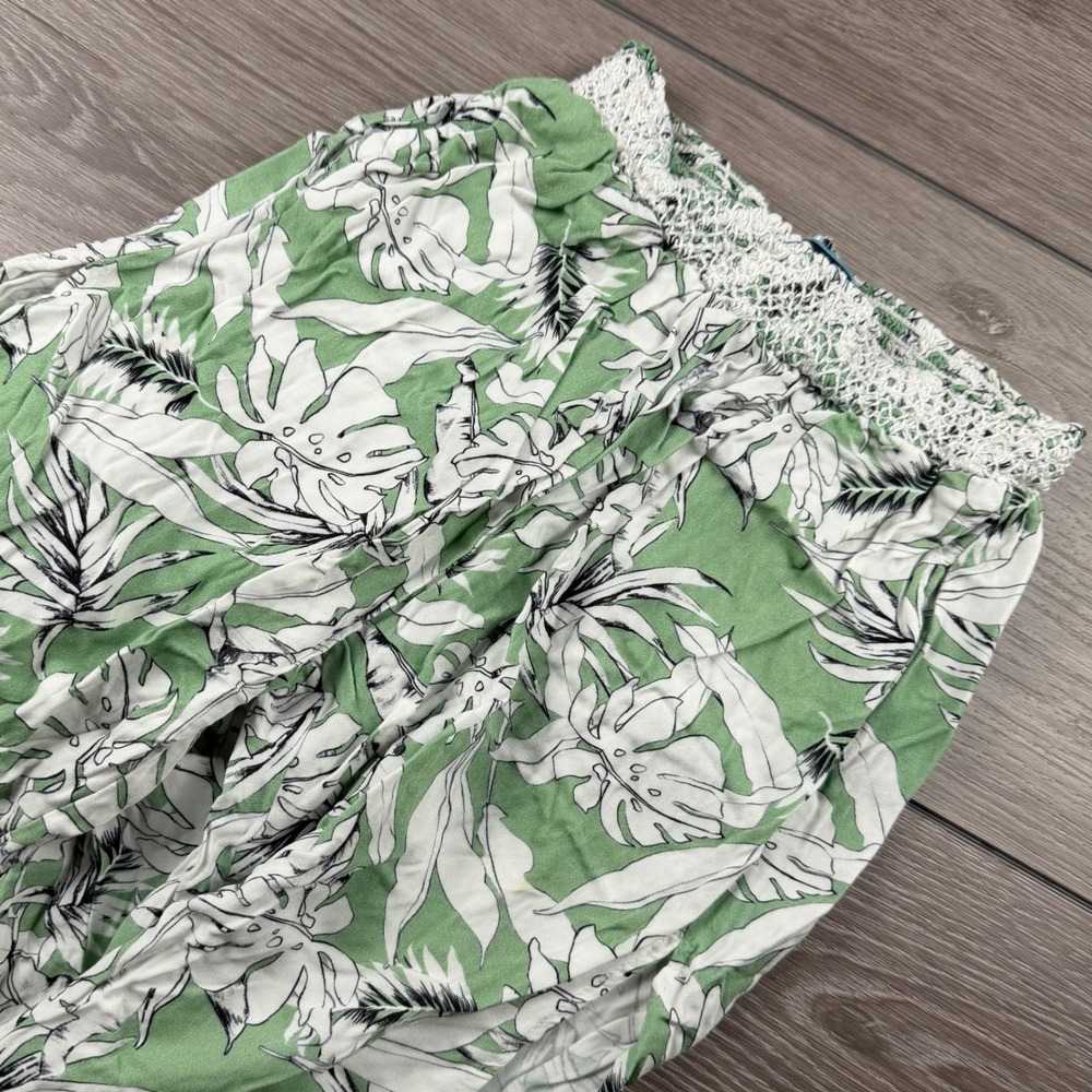 Shore Women Pants Tropical Monstera Print Slit Leg Green XS